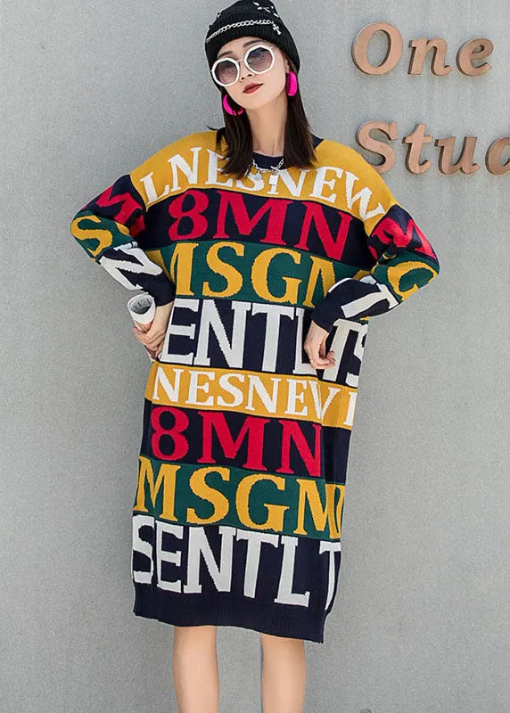 Unique O-neck Loose Graphic Fall Knit Dress Long Sleeve
