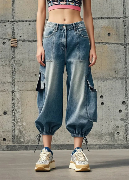 Blue Oversized Pockets Denim Crop Pants Fall