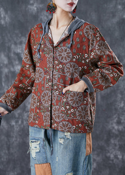 Orange Red Hooded Print Cotton Jacket Fall