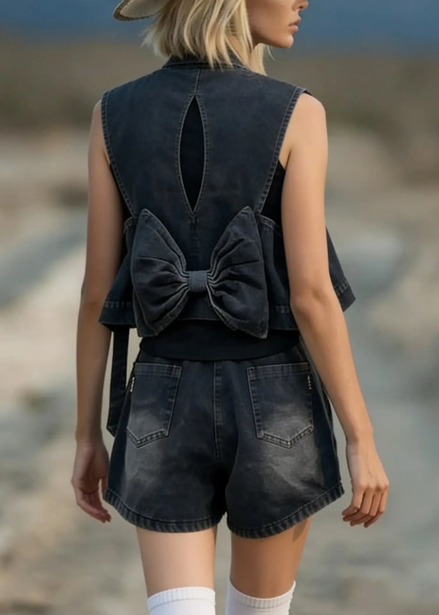 Stylish Black Bow Vest and Shorts Denim Two Pieces Set Summer