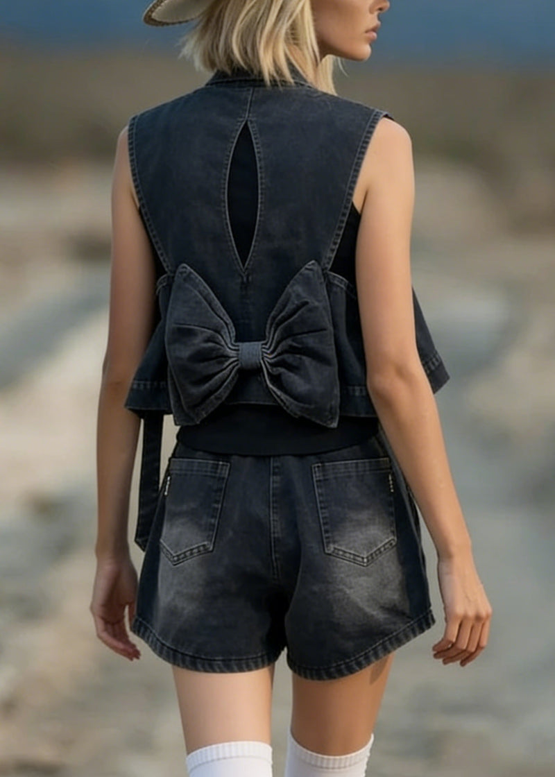 Stylish Black Bow Vest and Shorts Denim Two Pieces Set Summer