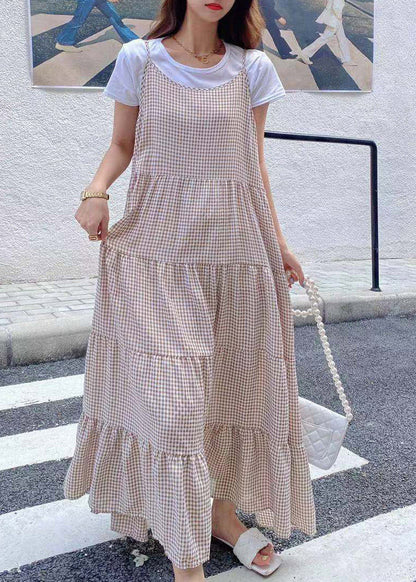 Khaki Slash Neck Plaid T Shirts and Long Dress Two Pieces Set Summer