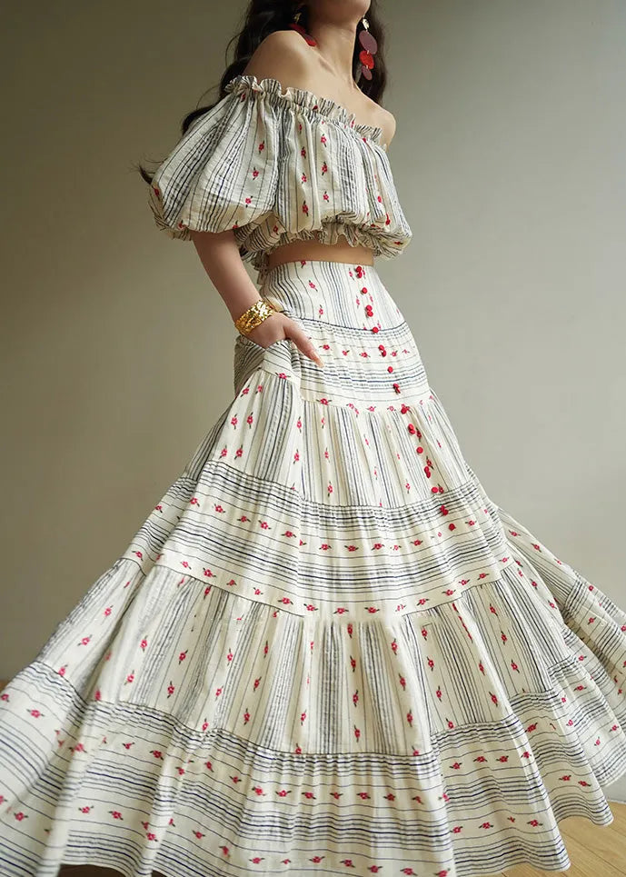 Striped Ruffled Print Tops and Skirts Cotton Two Pieces Set Summer