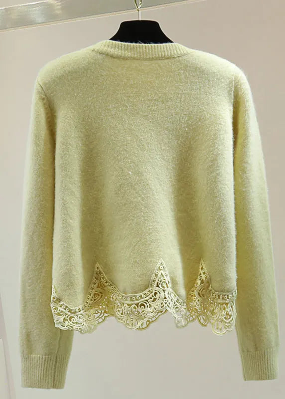 Light Green O-neck Lace Patchwork Cotton Knit Cardigan Spring