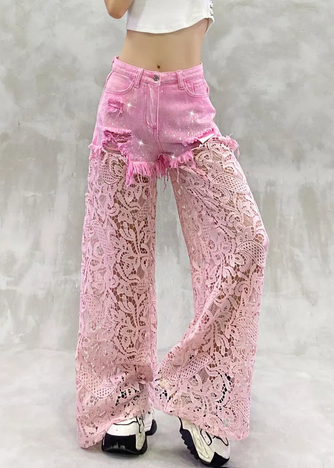 Pink Hollow Out Zircon Lace Patchwork Pants Summer