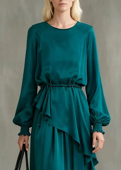 Peacock Blue Asymmetrical Cinched Cotton Two Pieces Set Summer