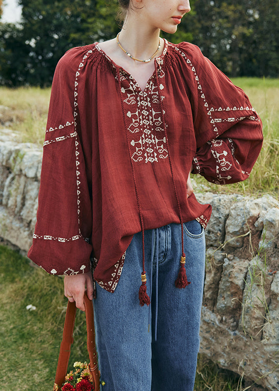 Mulberry Embroidered Patchwork Cotton Blouse Top Lantern Sleeve