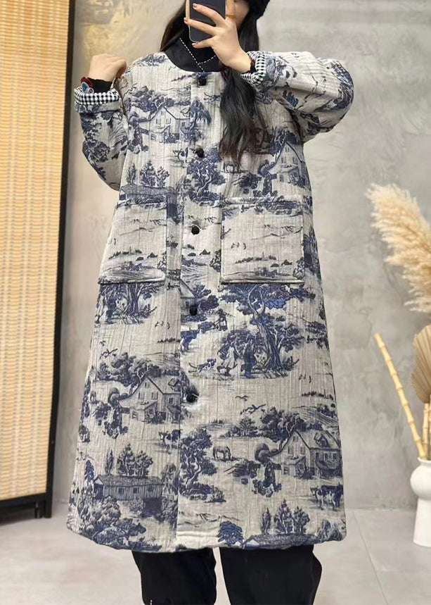 Blue Print Pockets Cotton Filled Long Trench Coat Long Sleeve