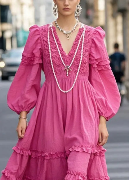 Rose Ruffled Exra Large Hem Cotton Vacation Dresses Fall