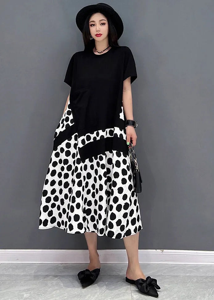 Black O-neck Dot Maxi Dresses Short Sleeve