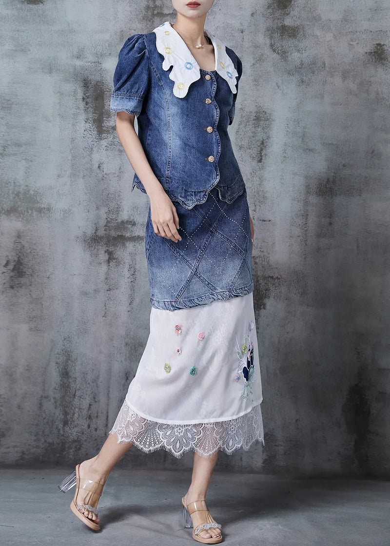 Handmade Blue Silm Fit Patchwork Denim Two Pieces Set Fall