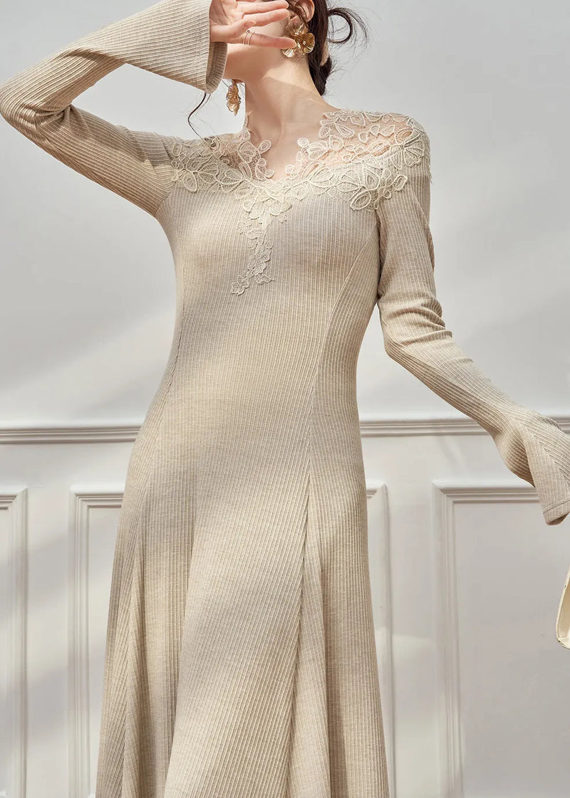 Slim Fit Oatmeal Lace Patchwork Knit Maxi Dresses Flare Sleeve
