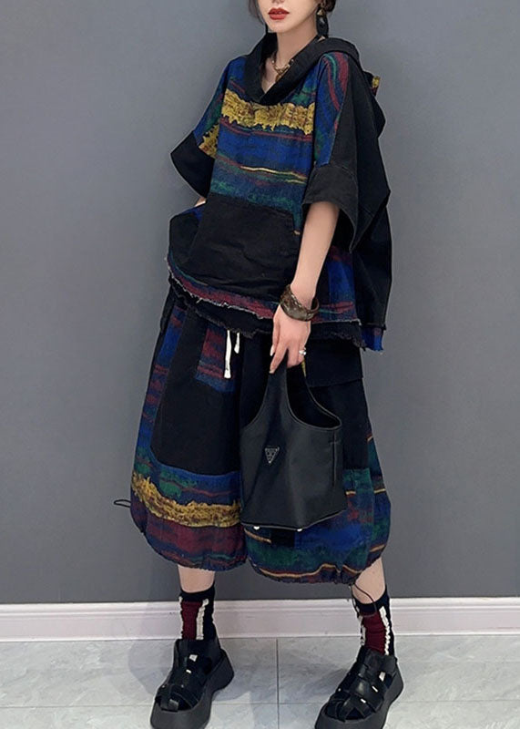 Retro V Neck Patchwork Hooded Top and Half Pants Two Pieces Set Short Sleeve