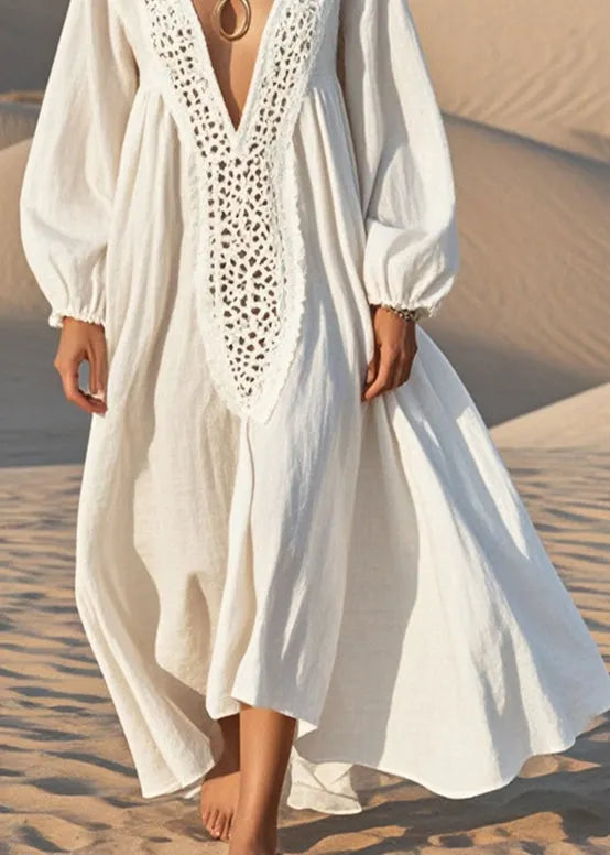 Unique White Oversized Hollow Out Cotton Maxi Dress Spring