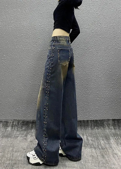 Blue Pockets Rivet High Waist Denim Wide Leg Pants Fall