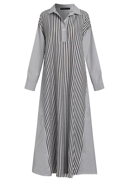European and American Style Black Peter Pan Collar Striped Cotton Shirts Dress Spring