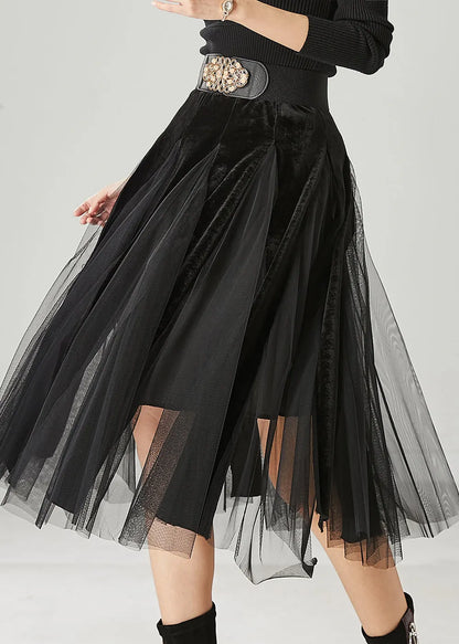 Black High Waist Patchwork Tulle Velour Dress Spring