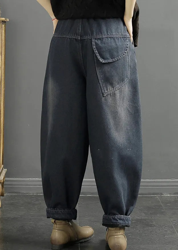 Diy Black Oversized Patchwork Warm Fleece Denim Harem Pants Winter