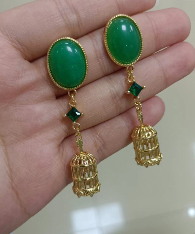 Green Sterling Silver Overgild Hollow Out Birdcage Drop Earrings