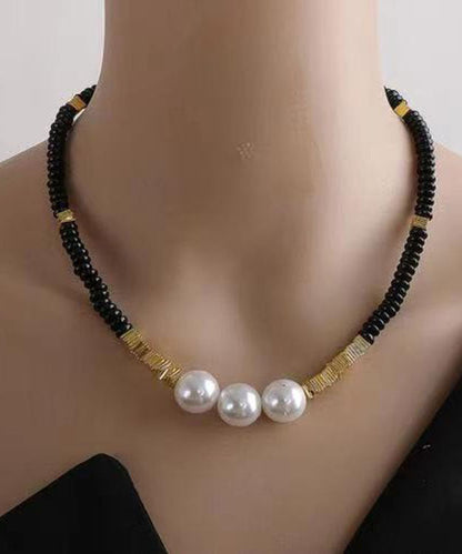 Black Alloy Pearl Beading Gratuated Bead Necklace
