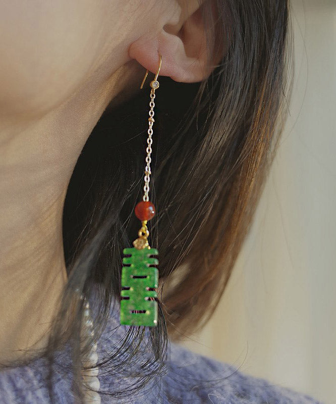 Dry Green Agate Sterling Silver Tassel Drop Earrings