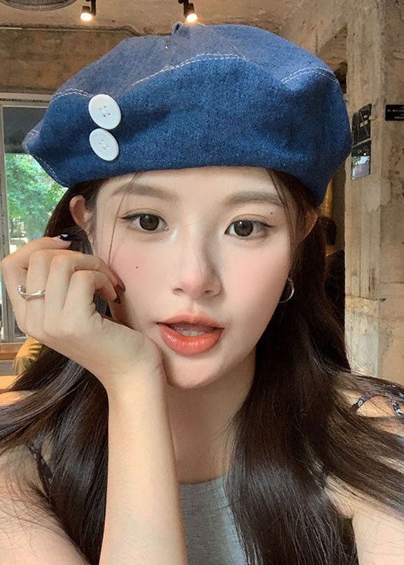 Denim Navy Patchwork Button Beret Hat