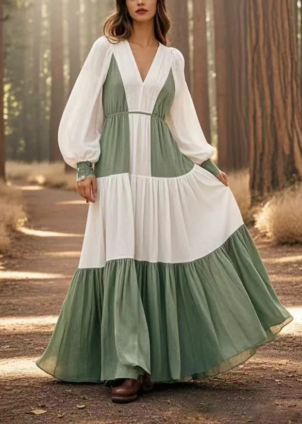 White Patchwork Cotton Maxi Dress V Neck Exra Large Hem Spring