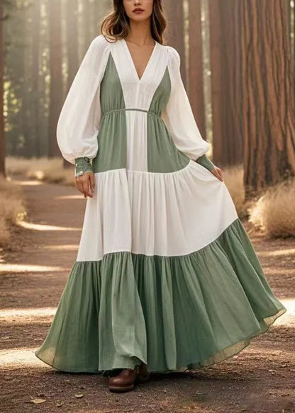 White Patchwork Cotton Maxi Dress V Neck Exra Large Hem Spring