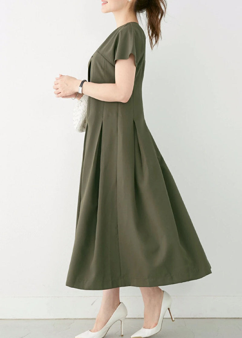 Green V Neck Patchwork Wrinkled Cotton Dress Summer