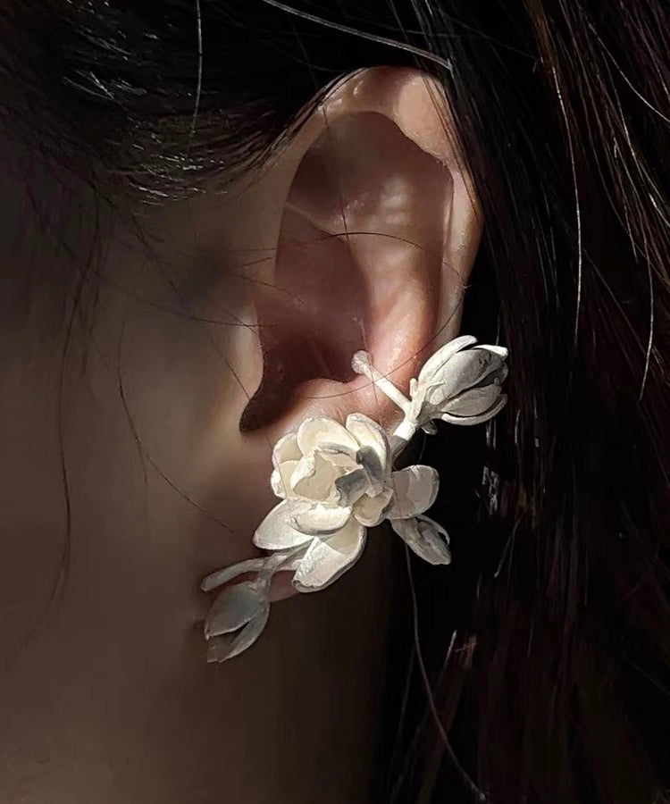 White Sterling Silver Burn White Jasmine Flower Stud Earrings