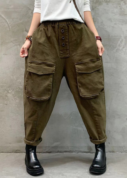 Red Elastic Waist Button Pockets Harem Pants Spring