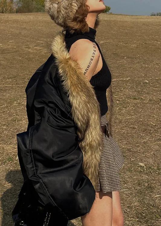 Black Oversized Patchwork Faux Fox Fur Coats Winter