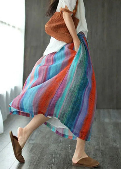 Style Striped Retro Patchwork a Line Skirts Ramie