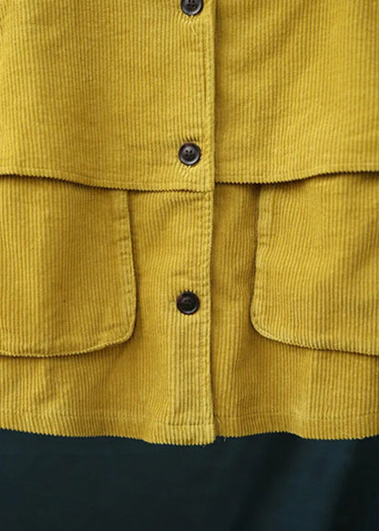 Yellow Stand Collar Patchwork Button Corduroy Coats Spring