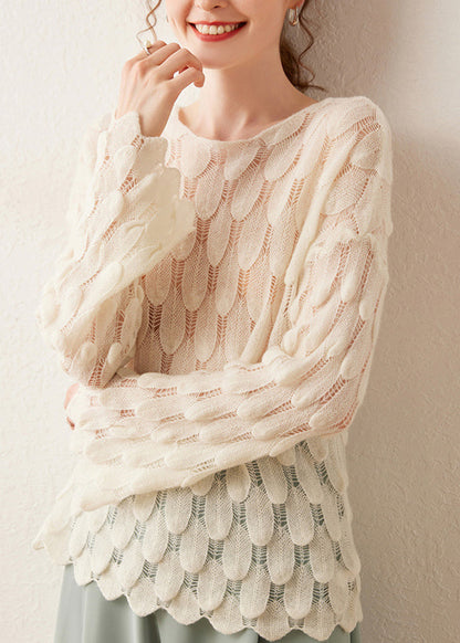Diy Pink O-neck Hollow Out Feather Knit Sweater Spring