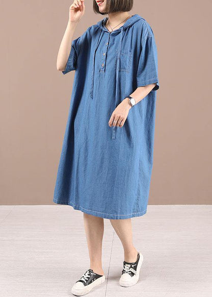 Classy Blue Hooded Button Denim Dress Summer