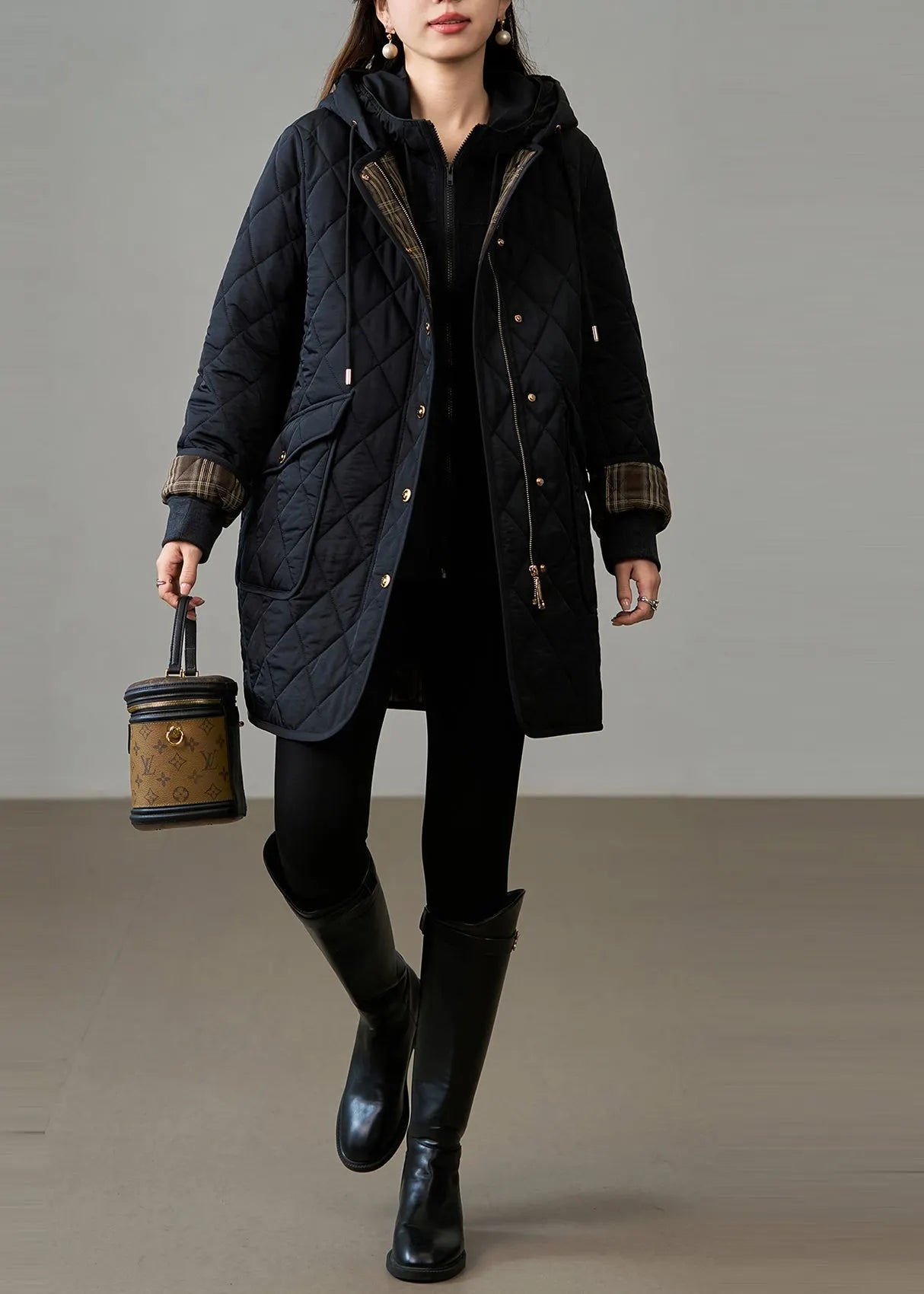 French Black Oversized Patchwork Fine Cotton Filled Hooded Coat Winter