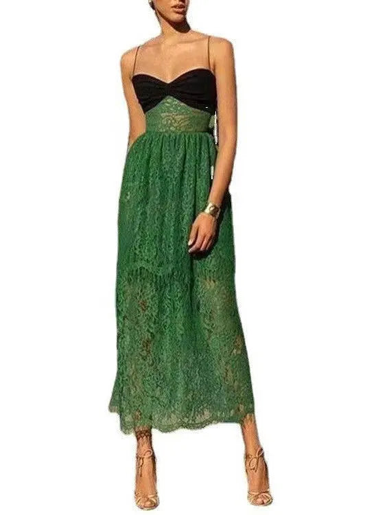 Green Cold Shoulder Patchwork Lace Spaghetti Strap Dress Sleeveless