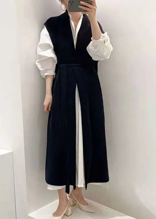 Navy Cinched Two Pieces Set Knit Vest Shirts Dress Spring