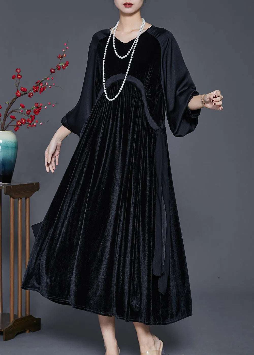 Black Oversized Patchwork Drawstring Silk Velour Dress Spring