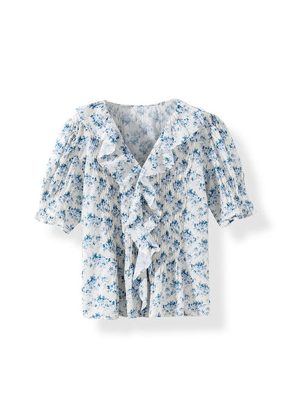French V Neck Ruffled Print Puff Sleeve Cotton Shirts