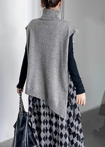 Grey Turtleneck Asymmetrical Thick Knit Waistcoat Spring