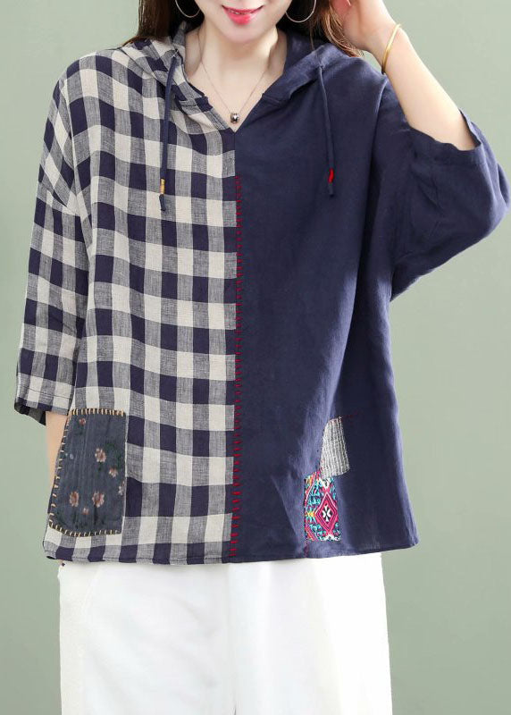 Blue Hooded Plaid Patchwork Drawstring Fall Tops Half Sleeve