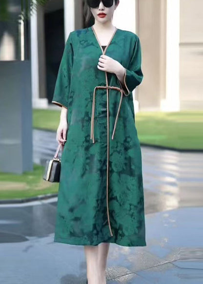 Jacquard Green V Neck Chinese Button Silk Coat Spring