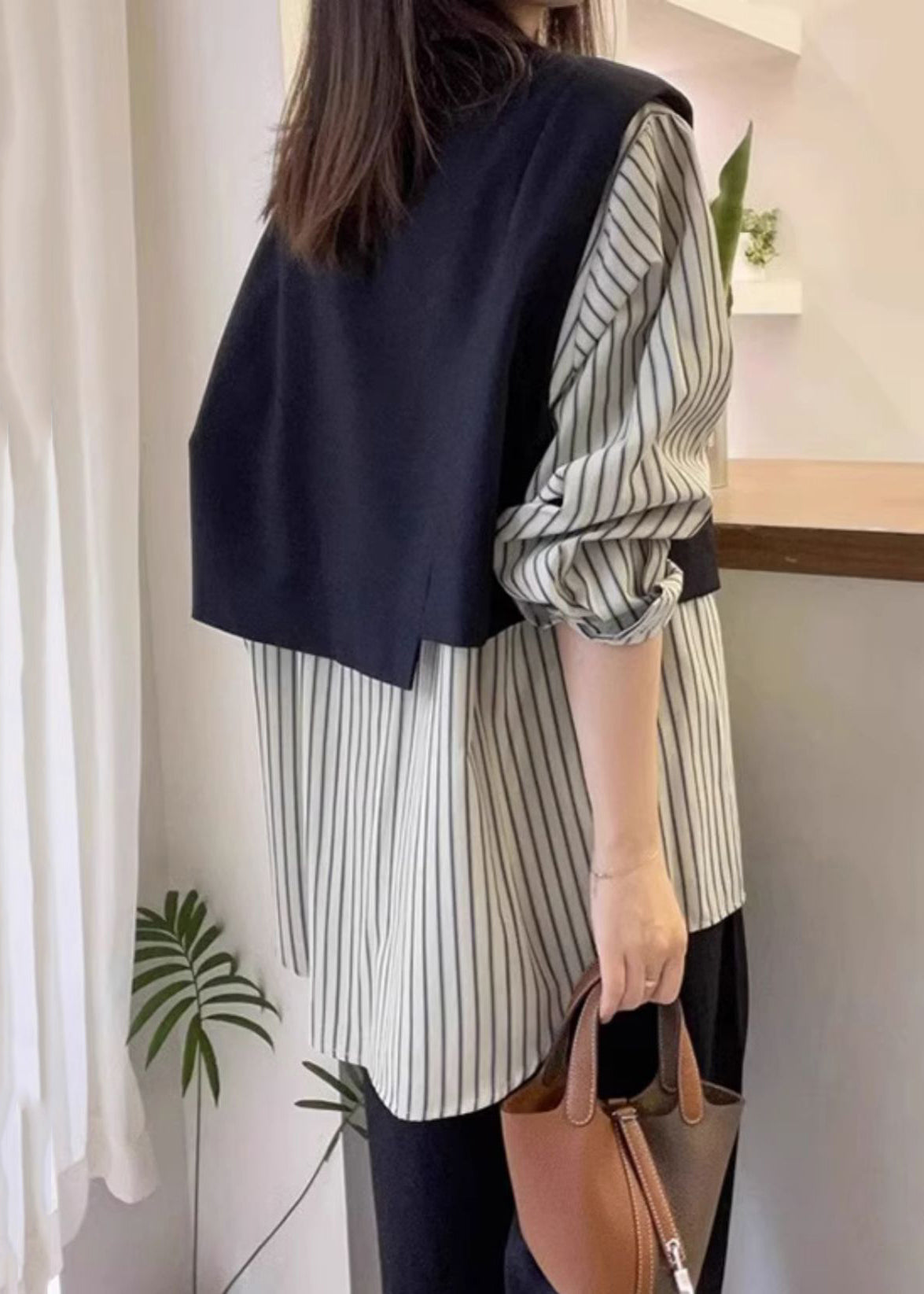 Striped Asymmetrical Button Cotton Shirt Long Sleeve