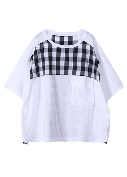White Patchwork Cotton Shirt Top O-neck Asymmetrical Short Sleeve
