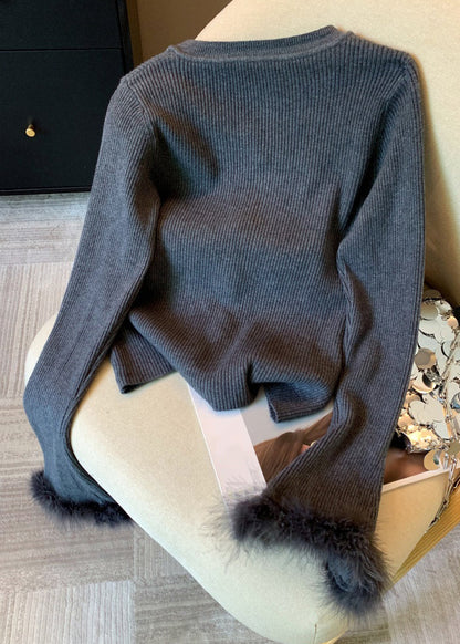 Slim Fit Grey Fluffy Patchwork Knit Sweaters Flare Sleeve