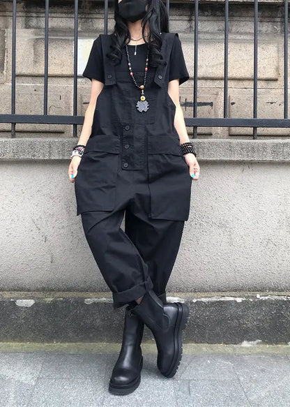 French Black Patchwork Button Jumpsuit Summer