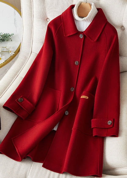 Style Green Peter Pan Collar Pockets Button Woolen Coat Winter