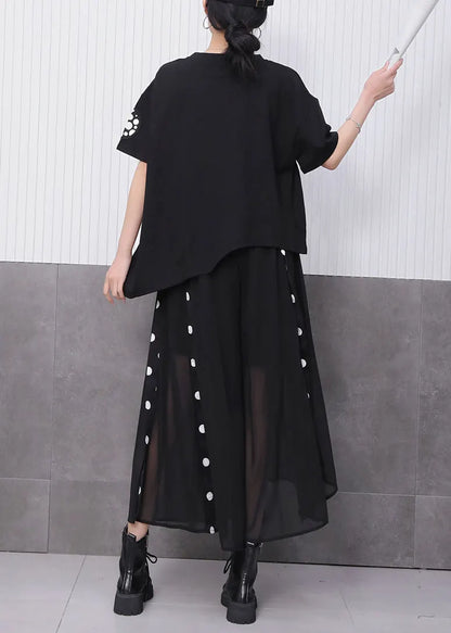 Novelty Black Print T Shirts and Tulle Maxi Skirts Two Pieces Set Summer